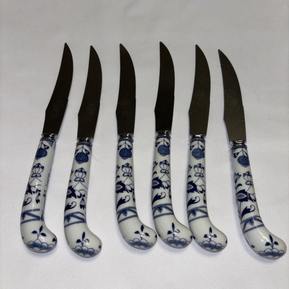 House of Prill Blue Onion Sheffield England Porcelain Handle Knives Set 6